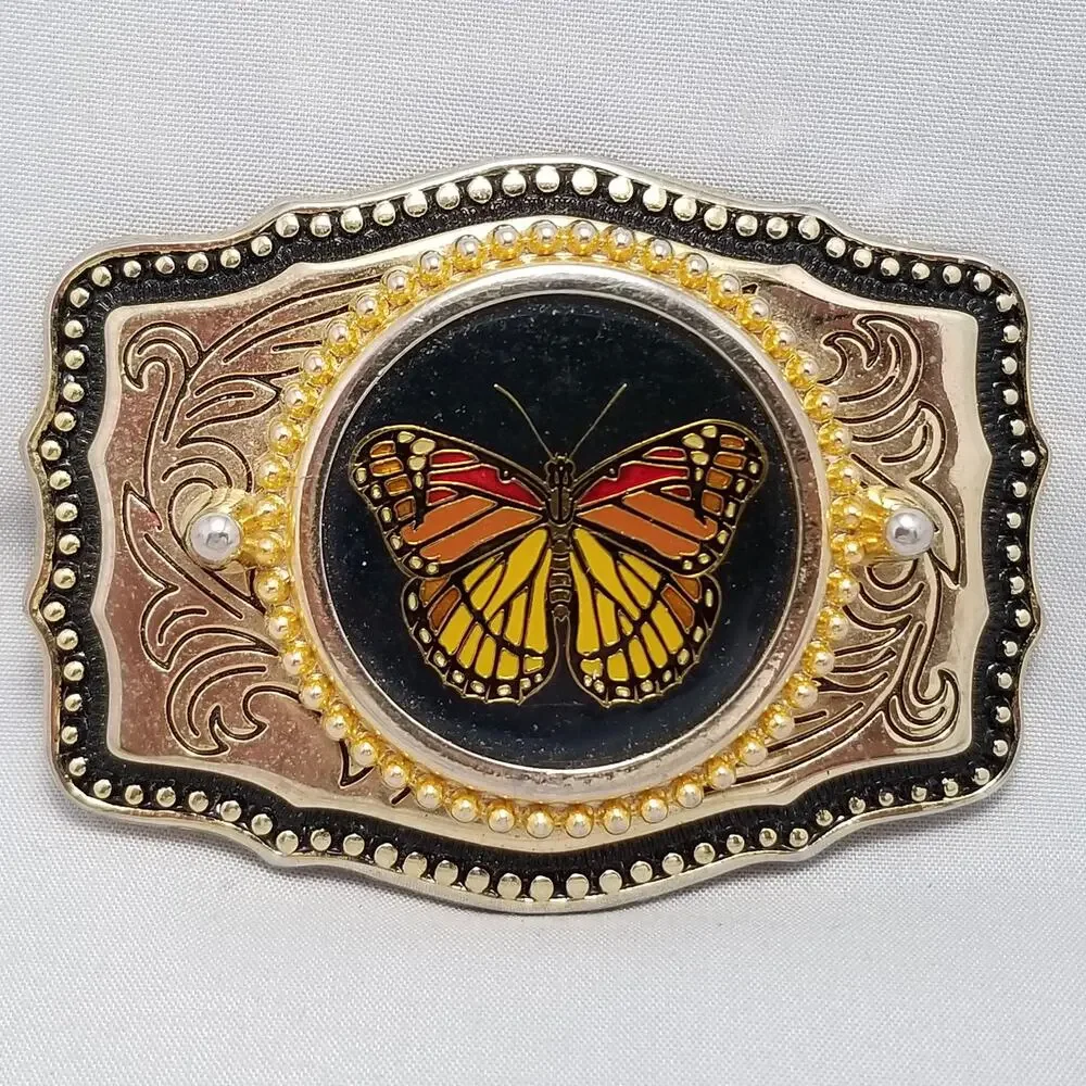Vintage Belt Buckle Colorful Butterfly Gold Color Western‎ Filigree Made In USA